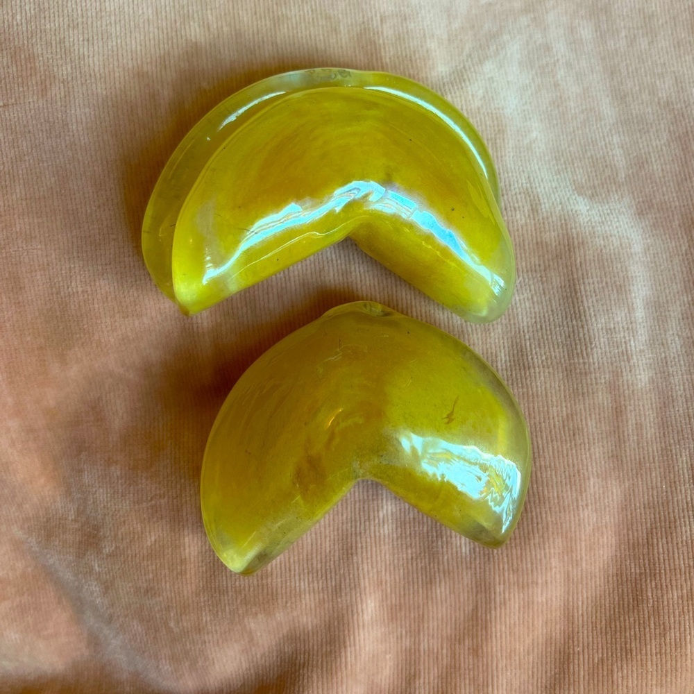 Handblown Glass Fortune Cookies Set of 2 Vintage Yellow Art Glass Sculptures